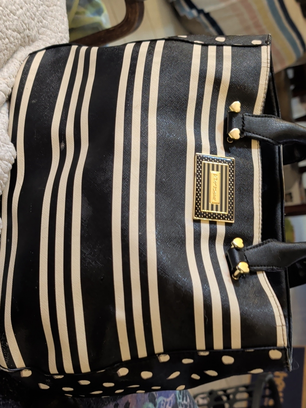 Betsey Johnson Black and Cream Striped & Polka Dot Shoulder Bag